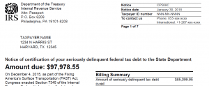 CP 508C certification of seriously delinquent federal tax debt